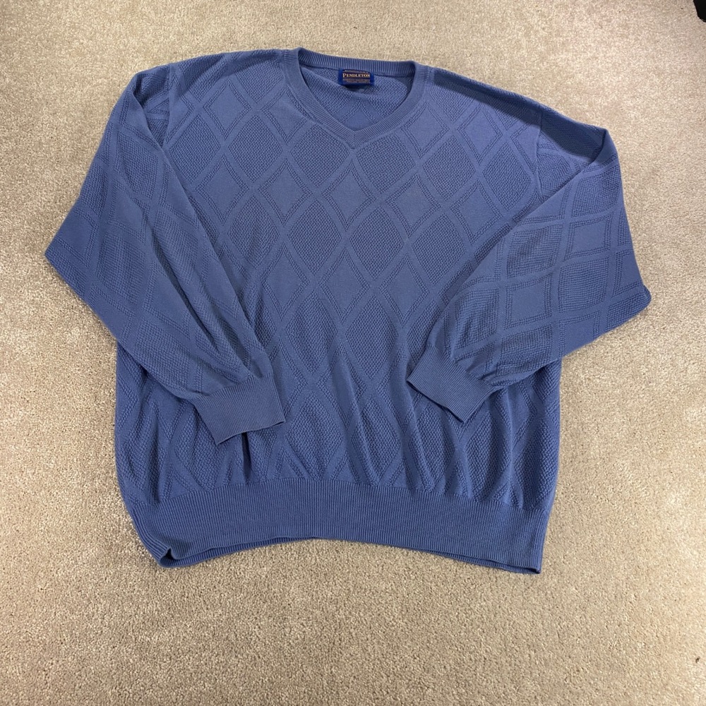 Pendleton V-Neck Sweater Mens XL Blue Pima Cotton Diamond Textured Knit‎